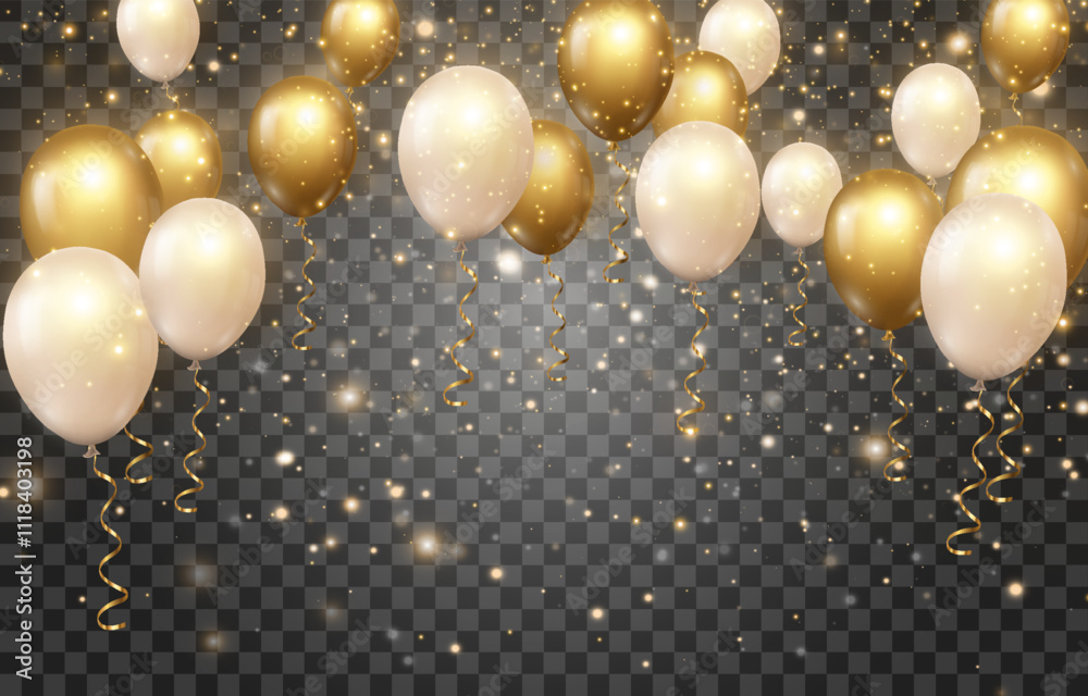 Vector golden luxury balloons with flying particles of light isolated ...