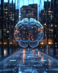 Poster - Innovative technology event showcasing brain simulation urban environment digital art installation futuristic viewpoint