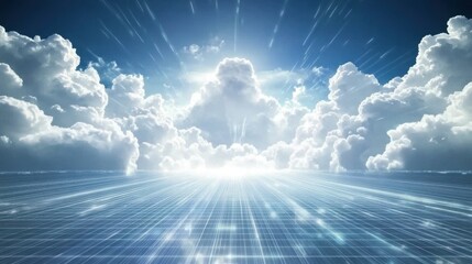 Poster - Cloud computing visualization with bright white clouds and digital grids --ar 16:9 --style raw --v 6.1 Job ID: f49e34e9-e9ca-43fc-9990-4f7851735cde