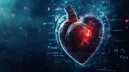 Poster - A heart crafted from glowing circuitry beats rhythmically, surrounded by a virtual landscape filled with floating data and abstract patterns