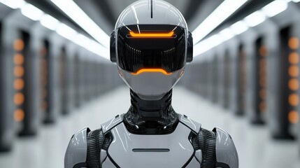 Poster - A futuristic robot stands in a sleek corridor, featuring a glossy white exterior and illuminated accents, evoking a high-tech atmosphere.