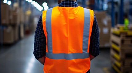 Poster - Warehouse worker wearing high visibility vest walking through storage area