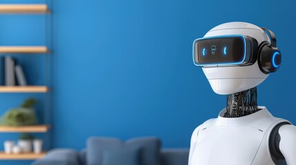 Poster - A futuristic robot wearing a VR headset stands in a modern room with blue walls, showcasing the intersection of technology and design.