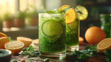 Two refreshing green cocktails garnished with cucumber and citrus, set in a bright, sunny environment with fresh ingredients.