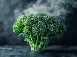 Wall Mural - Fresh broccoli steaming against a dark background, showcasing its vibrant green color and textured florets.