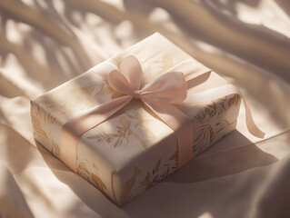 Elegant gift box with pink satin ribbon in soft natural light for Mother's Day