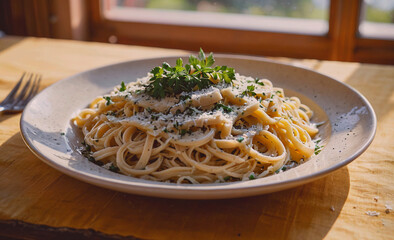Poster - A plate of pasta with cheese and parsley on top. The pasta is white and the cheese is white