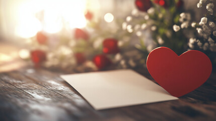 Wall Mural - Blank card for Mother's Day with red heart and rose petals in soft natural light