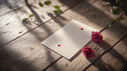 Wall Mural - Romantic blank card for Mother's Day with red rose petals on rustic wooden table