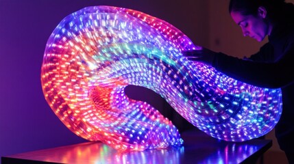 Poster - Luminous Sculpture: A Woman Interacts with a Colorful LED Art Installation
