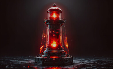 Poster - A red lighthouse with a red light on top. The lighthouse is surrounded by a dark background. The image has a futuristic and industrial feel to it