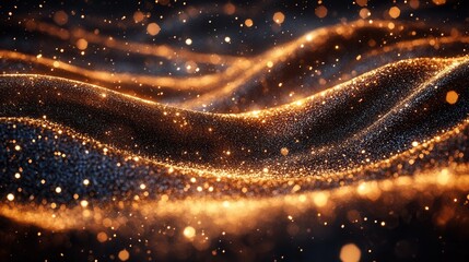 Poster - Golden Shimmering Waves of Glittering Particles and Light Reflection