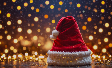 Poster - A red hat with a white pom pom sits on a table. The hat is a Santa hat, and the table is decorated with lights. The scene has a festive and joyful mood