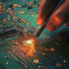 Poster - A close-up of a hand working on a circuit board, highlighting intricate details and glowing connections in an abstract tech scene.