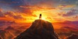 © paulus - Majestic lion silhouetted against a vibrant sunset, overlooking a vast, mountainous landscape.