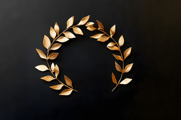 Wall Mural - on a deep black background, a gold olive leaf wreath crown displays intricate greek craftsmanship.