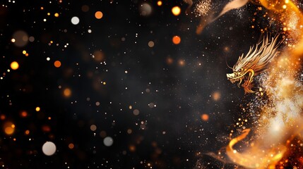 Poster - Dynamic dragon with golden sparks swirling in an ethereal black background during a festive celebration of light and cultures