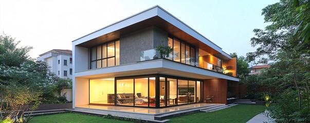 Aufkleber - Modern luxury home exterior showing illuminated interior at dusk