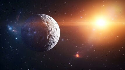 majestic moon orbiting a vibrant sun in a star-filled cosmos. perfect for space, astronomy, and scie