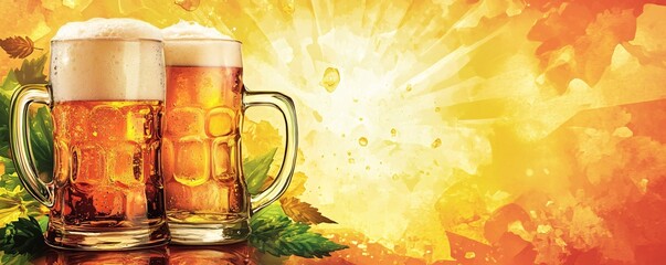Aufkleber - Two mugs of beer with hops on autumn background
