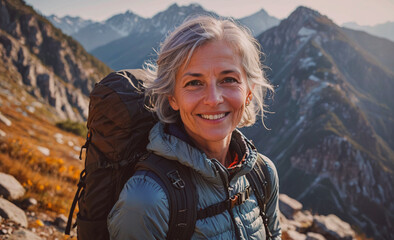 Aufkleber - A woman with a backpack is smiling at the camera. She is wearing a blue jacket and she is enjoying her time outdoors