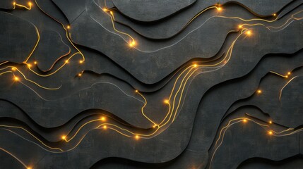 Poster - Intricate chipboard design showcases flowing patterns illuminated by warm lights against a textured backdrop. The design creates a modern, artistic ambiance in the space
