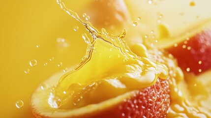 Poster - Orange juice splashing into a half orange fruit on yellow background