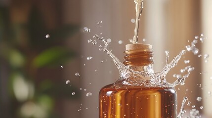 Poster - Liquid splashing out of amber glass bottle with cork