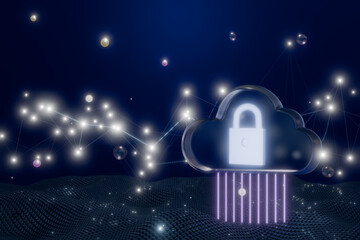 Poster - A digital cloud with a padlock, symbolizing cybersecurity and data protection in a network background. 3d rendering