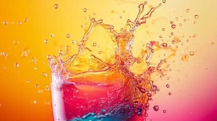 Poster - Colorful liquid splashing from a glass with yellow and pink background