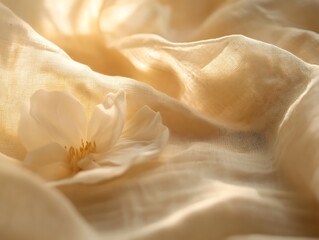 Poster - Delicate white flower on soft, beige fabric. Sunlight illuminates the scene.