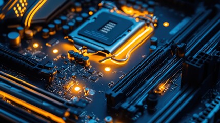 Poster - Glowing elements highlight the complex circuitry of a motherboard, capturing electronic components in a vivid display. The image emphasizes the details and technology design