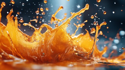 Poster - Orange liquid splashing and making drops on dark blue background