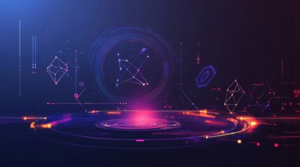 Fototapete - A HUD interface displays floating geometric shapes and glowing elements, creating a vibrant digital atmosphere. The design features intricate details and a dynamic color scheme