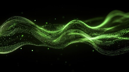 Fototapete - Vibrant binary code streams weave through space in flowing green patterns, illustrating the abstract concept of data movement and digital communication
