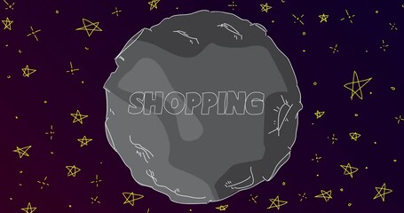 Poster - Shopping Text with Moon on the night sky and stars. Cartoon animation video.