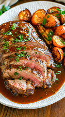 Wall Mural - Sliced beef roast with roasted vegetables and gravy resting on white plate