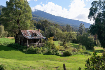 Poster - A tranquil countryside scene with rolling hills and a small wooden cabin.
