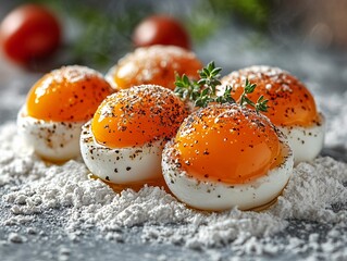 Wall Mural - A vibrant arrangement of eggs with bright yolks, garnished with herbs and sprinkled with pepper, set against a backdrop of flour and cherry tomatoes.