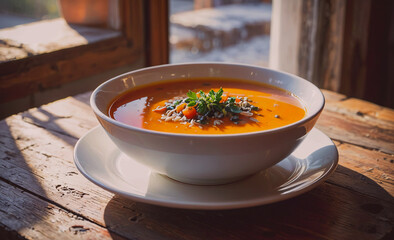 Poster - A bowl of soup with a white plate on a wooden table. The bowl is filled with a bright orange soup and has a few pieces of broccoli on top. The bowl is placed on a wooden table