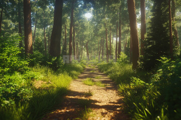 Poster - A serene forest trail surrounded by tall, dense pine trees with sunlight filtering through