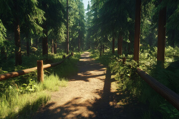 Poster - A serene forest trail surrounded by tall, dense pine trees with sunlight filtering through