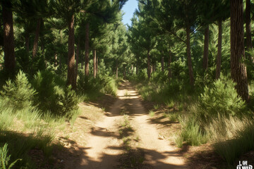 Poster - A serene forest trail surrounded by tall, dense pine trees with sunlight filtering through