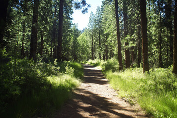 Poster - A serene forest trail surrounded by tall, dense pine trees with sunlight filtering through