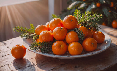Poster - A plate of oranges with a few pine needles on top. The oranges are fresh and ripe, and the pine needles add a touch of natural decoration. Concept of warmth and comfort, as the oranges
