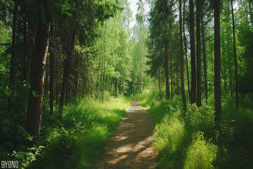 Poster - A serene forest trail surrounded by tall, dense pine trees with sunlight filtering through