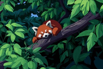 Wall Mural - A red panda lounging on a tree branch surrounded by lush greenery. --ar 3:2 --personalize v73lhwr --v 6.1 Job ID: 2a8cbcc0-67c7-4e56-a0eb-afb7b12634bc