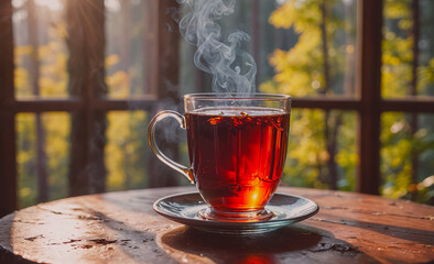 Aufkleber - A cup of tea sits on a wooden table with steam rising from it. The scene is peaceful and relaxing, with the sun shining through the window and casting a warm glow on the table