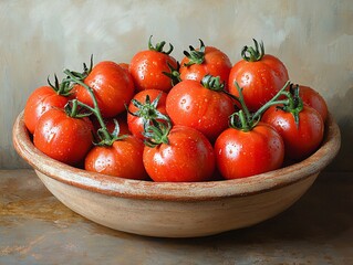 Wall Mural - A rustic bowl filled with fresh, ripe red tomatoes, showcasing their vibrant color and natural sheen.