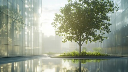 Aufkleber - Sunlight filters through tall glass buildings, illuminating a solitary tree surrounded by a serene reflection pool. Lush plants create a tranquil atmosphere, embodying urban sustainability